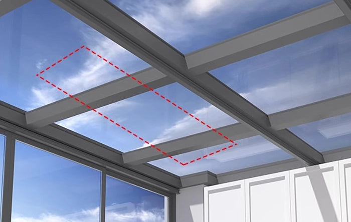 B Series custom beam mount for electric clothes drying rack installation on two beams perpendicular to the main unit in a sunroom.