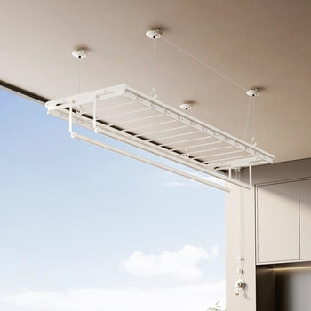 Hand-operated ceiling clothes drying rack compatible with gypsum ceilings for clean and simple installations.