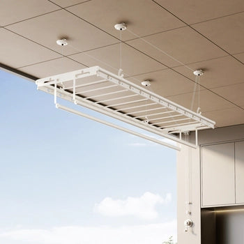Manual ceiling clothes drying rack designed for integrated ceiling systems, ensuring secure installation and stability.