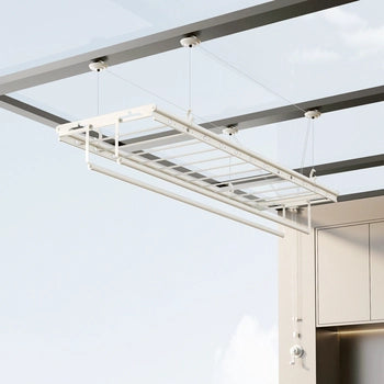Ceiling clothes drying rack adapted for sunroom ceilings, providing high light exposure and effective drying performance.