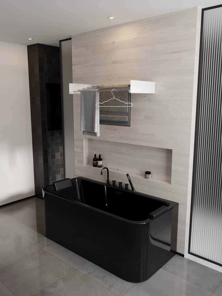 EaseRack foldable clothes drying rack installed above a black bathtub, perfect for towels in a modern bathroom.