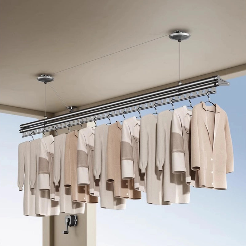 High capacity hand-crank ceiling drying rack with 50KG load bearing and two rods for laundry and blankets.