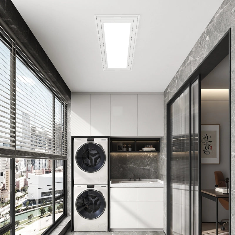 Waschraum mit eingebautem Easerack M20 Deckenwäscheständer und gestapelter Waschmaschine/Trockner.