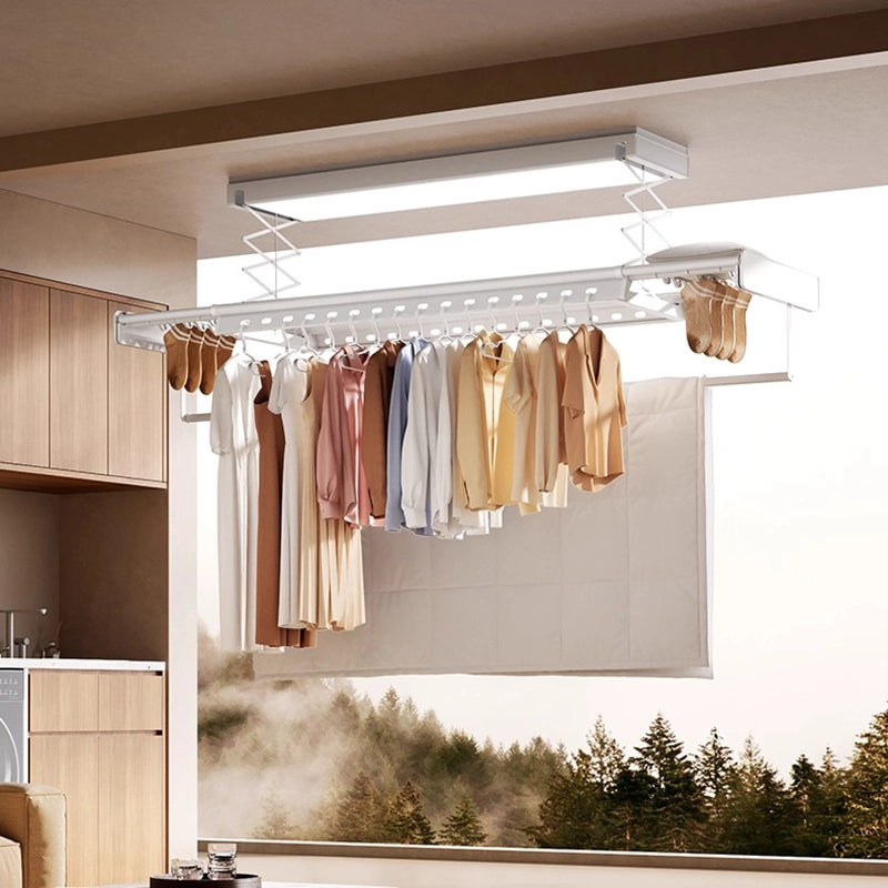 EaseRack V8 electric ceiling drying rack with clothes hanging on extendable drying rails in a modern laundry space