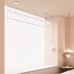 Floating window clothes drying rack solution with elegant ceiling mount design.