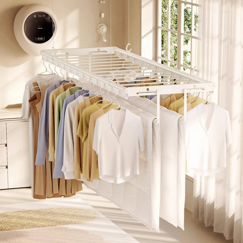 Ceiling-mounted drying rack displaying full capacity with clothes, socks, towels, and quilts hanging in sunlight.