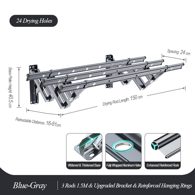 EaseRack Wall-Mounted Retractable Drying Rack, 3 Rods, 1.5M, Blue-Gray, Sturdy & Space-Efficient Design