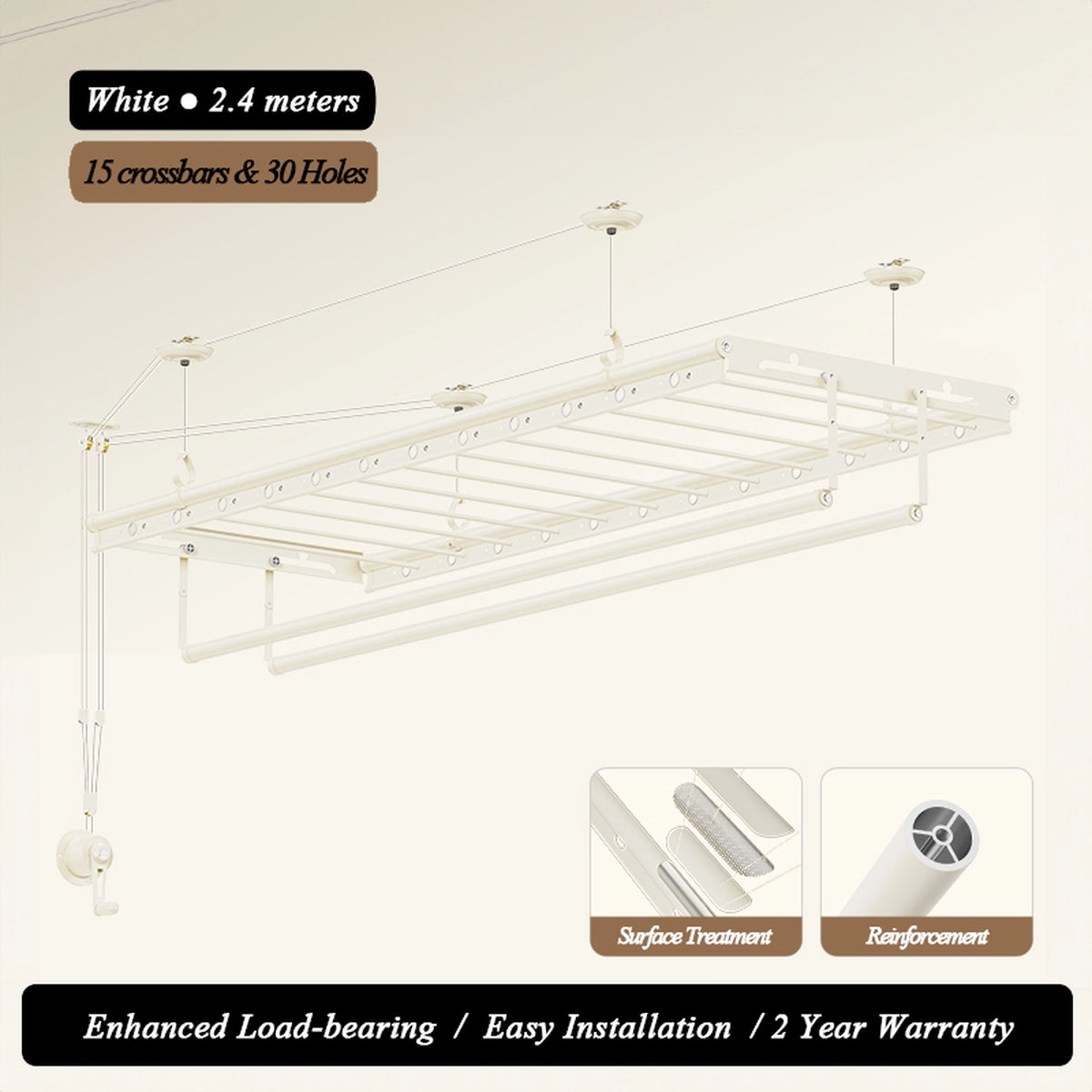 Diagram of EaseRack hand-crank ceiling clothes drying rack, 2.4 m, white, highlighting 15 crossbars and 30 hanging holes with reinforcement and surface-finish insets.