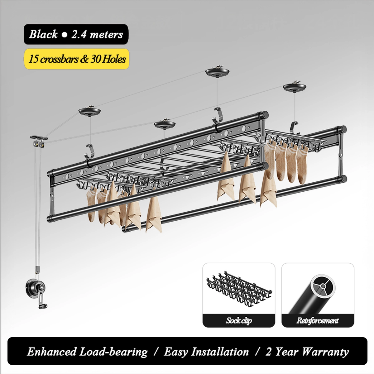 Diagram of EaseRack hand winch ceiling clothes drying rack, 2.4 m, black, highlighting 15 crossbars and 30 hanging holes with sock-clip accessory and reinforced rod detail.