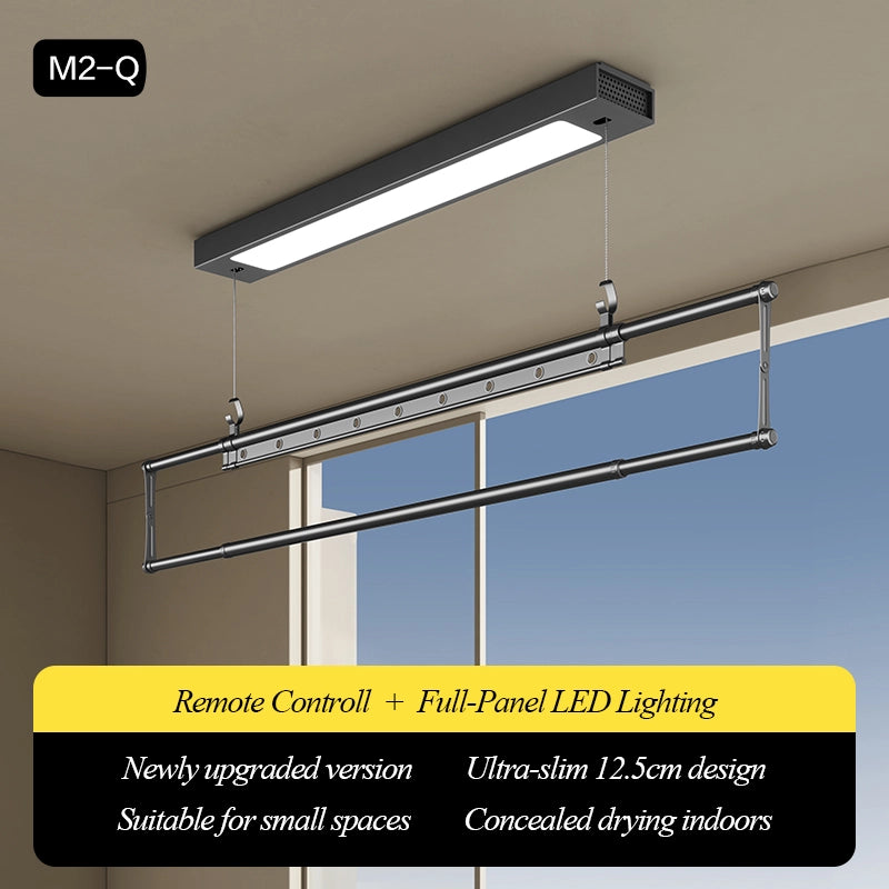 Easerack M2-Q in black with full-length LED lighting and compact 12.5cm design, perfect for discreet drying in small homes or apartments.