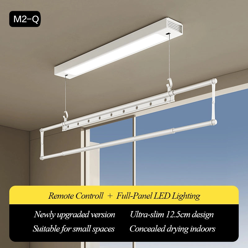 Easerack M2-Q in white featuring full-length LED lighting and a slim 12.5cm body, ideal for compact spaces and discreet indoor drying.