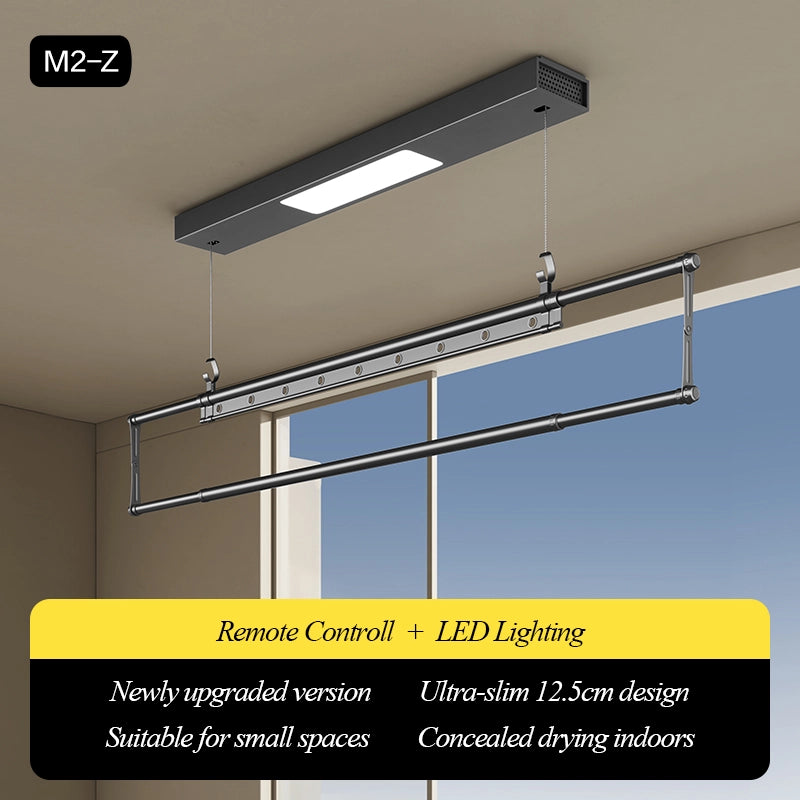 Easerack M2-Z basic model in black, featuring remote-controlled operation and LED lighting, optimized for space-saving indoor drying in small residences.