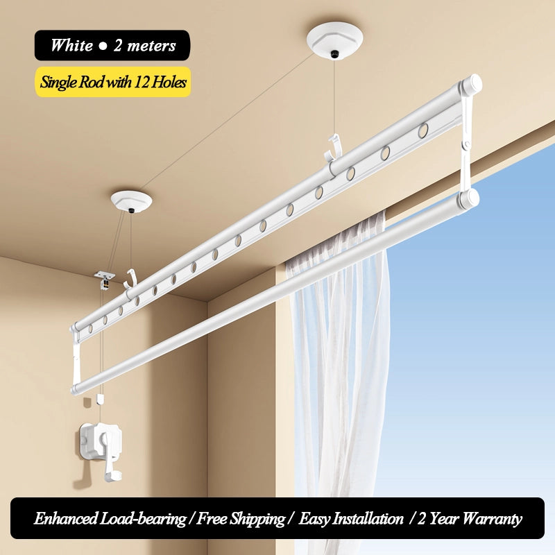 White 2m single rod ceiling-mounted laundry drying rack with 12 hanging holes