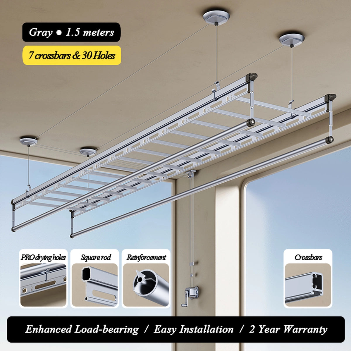 Séchoir à linge manuel de plafond de 1,5 M en gris pierre précieuse avec 7 barres horizontales et 30 trous de séchage, comprend une barre de couette et une conception porteuse renforcée.