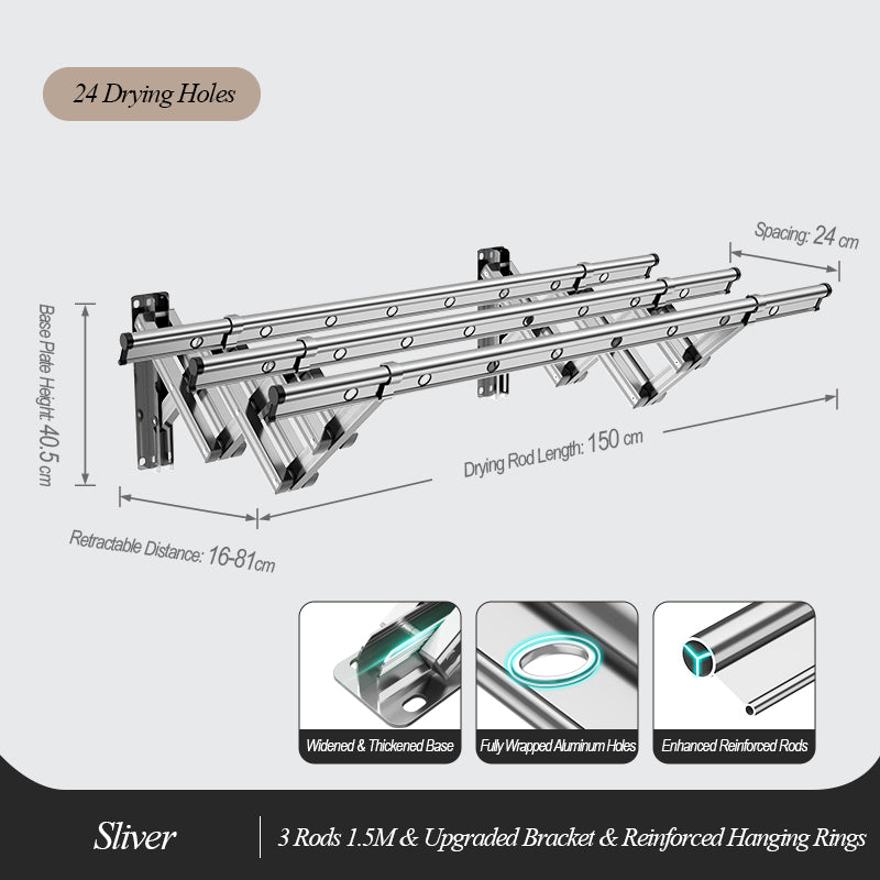 EaseRack Wall-Mounted Retractable Drying Rack, 3 Rods, 1.5M, Silver, Sturdy & Space-Efficient Design