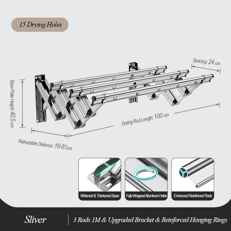 EaseRack Wall-Mounted Drying Rack, 3 Rods, 1M, Silver, Ideal for Small Spaces & Efficient Drying