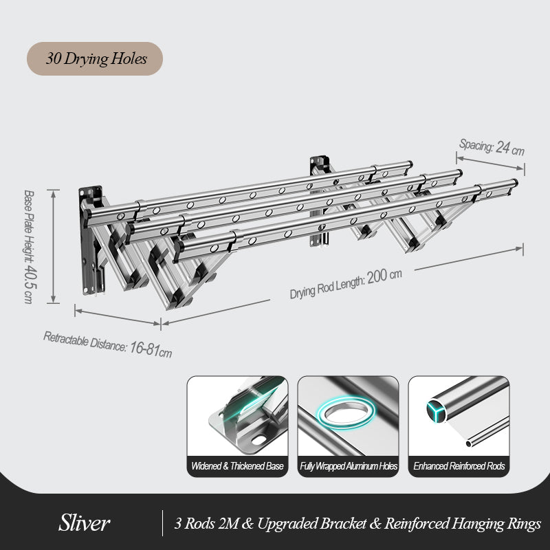 EaseRack Wall-Mounted Retractable Drying Rack, 3 Rods, 2M, Silver, Space-Saving & Durable for Outdoor and Indoor Use