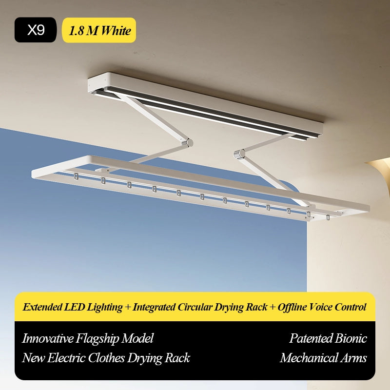 EaseRack X9 Mini Electric Clothes Drying Rack 1.8m White, with Extra-Long LED Lighting, Integrated Circular Drying Rod, Advanced Offline Voice Control