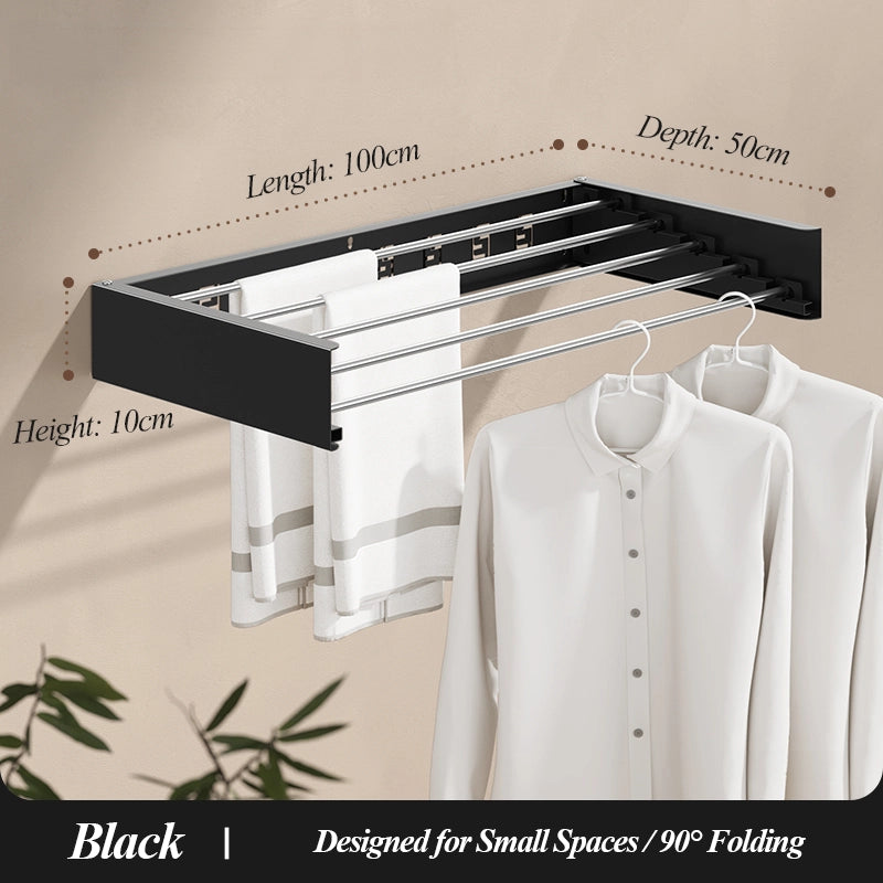 Black 100cm folding wall-mounted drying rack with 5 stainless steel bars, space-saving design for laundry rooms