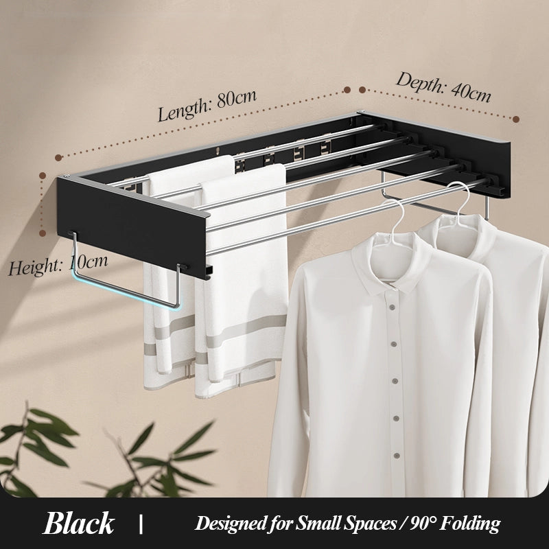 Black foldable drying rack, 80cm with upgraded side hanging bar, designed for small apartments and bathrooms