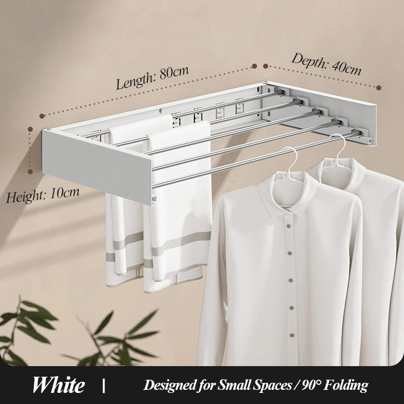 Wall-mounted 80cm white clothes drying rack with 5 bars for small space laundry.