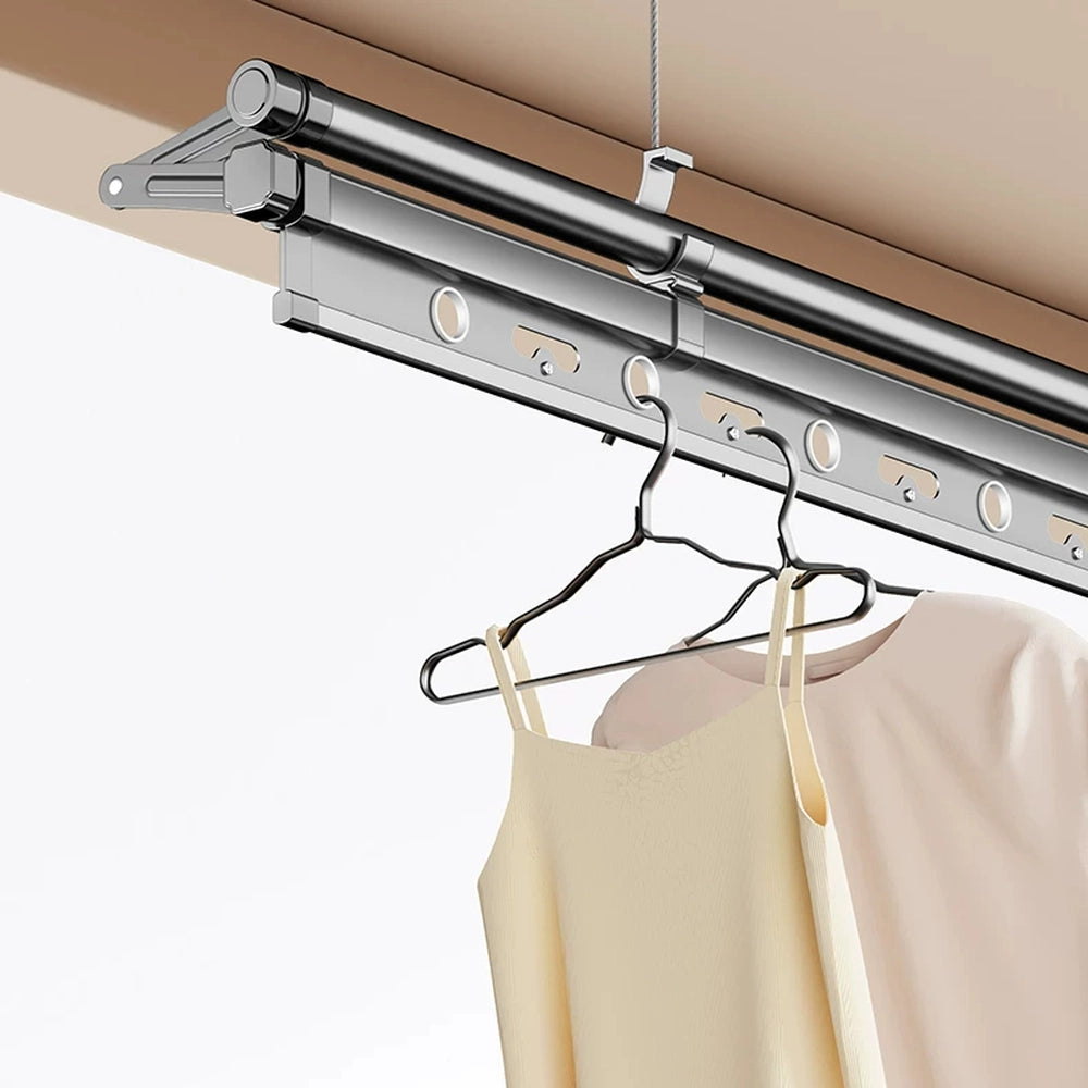 Close-up of Square-Rod ceiling clothes airer with dedicated hanger holes holding two clothes hangers