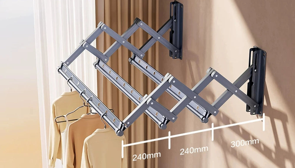 EaseRack wall-mounted retractable drying rack with 24 cm spacing between adjacent drying rails and 30 cm from the wall to the first rail.