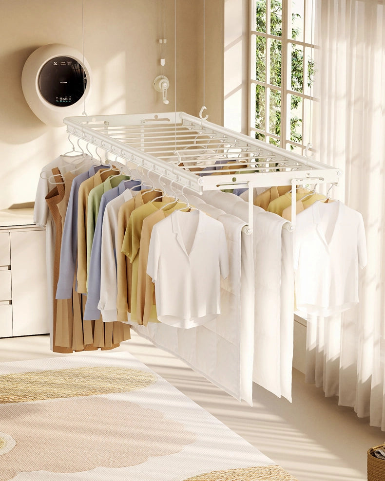 Extra-Wide ceiling clothes airer with clothes on hangers and a sheet drying on the lower rods