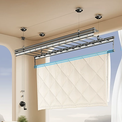 Multi-Rod Ceiling Clothes Airer lower drying rails holding larger laundry
