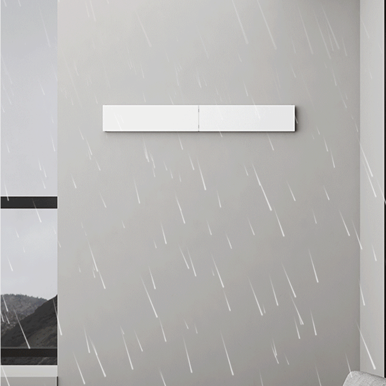 Outdoor wall-mounted folding clothes rack in use under rain and sun conditions.