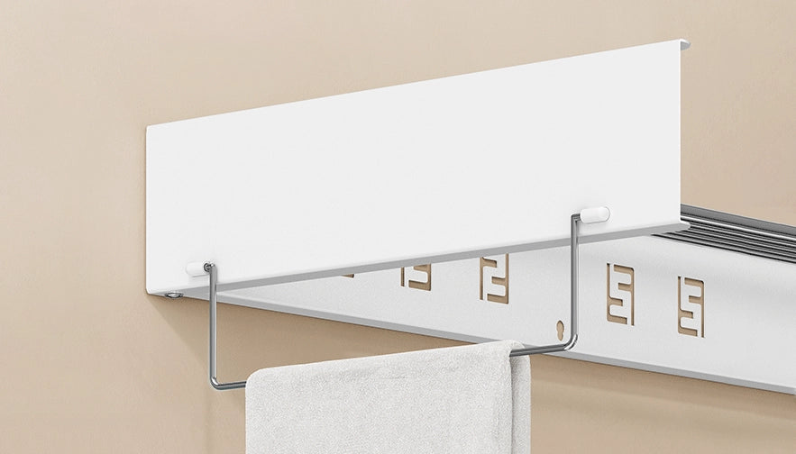 Close-up of side rod extension on folding clothes rack, ideal for towels or accessories.