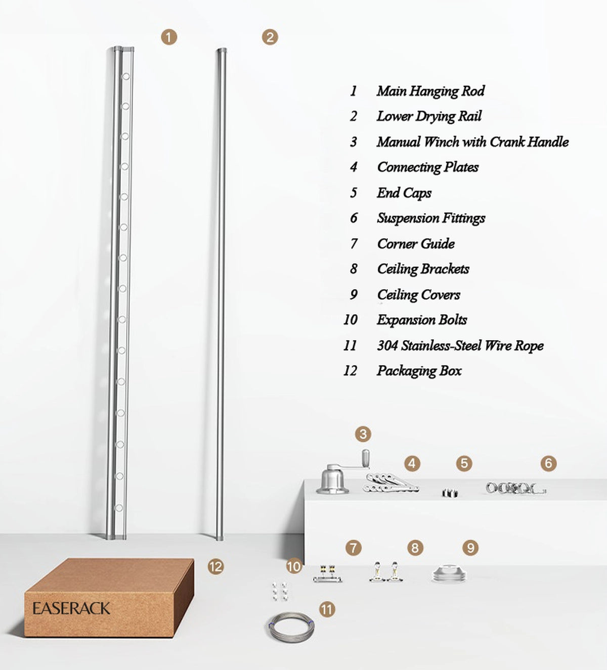 EaseRack Single-Rod Ceiling Clothes Airer package contents including main hanging rod, lower drying rail, manual winch, ceiling hardware and wire rope.