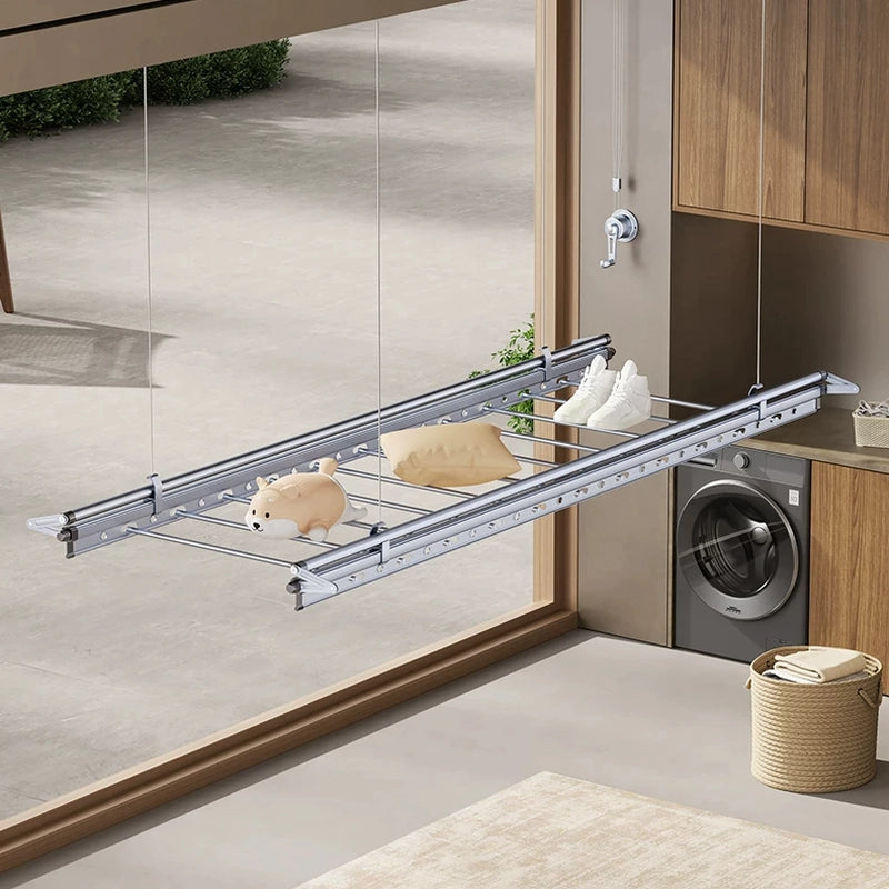 Square-Rod ceiling clothes airer showing the crossbar drying area between the main rods