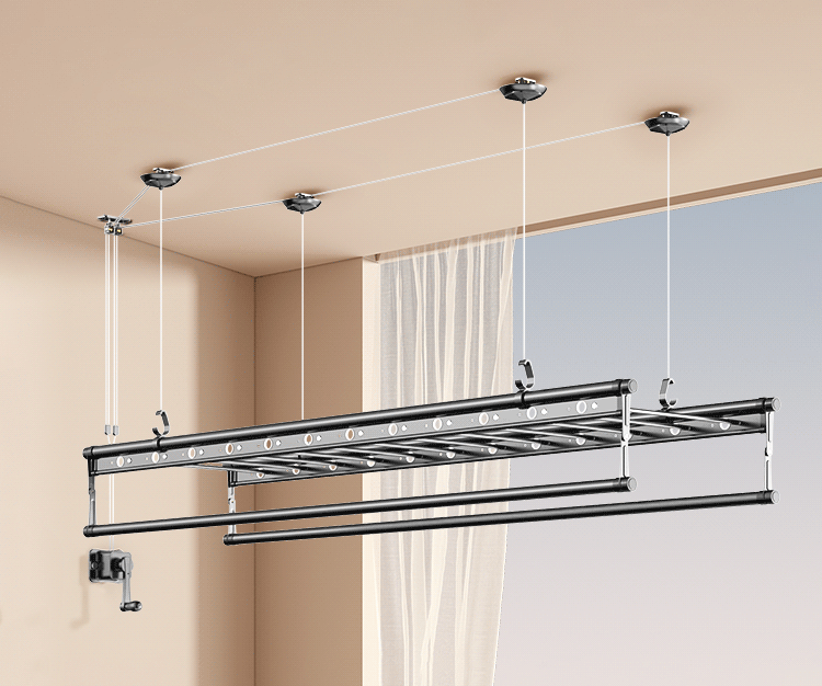 Square-Rod ceiling clothes airer raised overhead to keep the floor space below clear