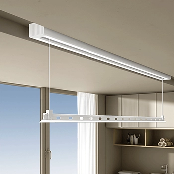 Easerack T10 ceiling mounted electric drying rack with curtain track installation, maximizing balcony and window space.