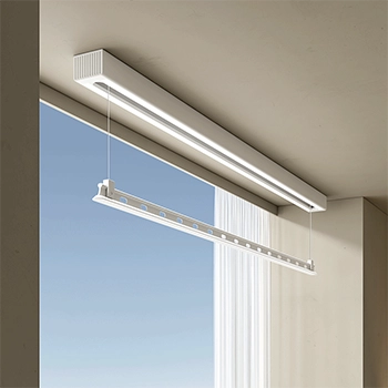 Easerack T10 compact electric drying rack installed above small bay window, efficient drying solution for limited spaces.