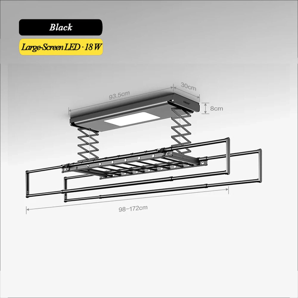 EaseRack V6 electric ceiling clothes airer in black with 18W large-screen LED lighting
