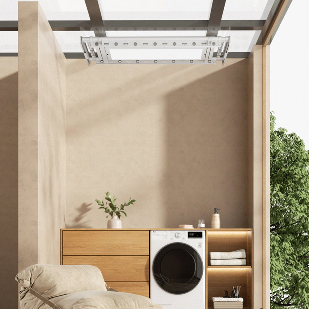 EaseRack V6 electric ceiling clothes airer installed in a covered sunroom with a protected electrical connection