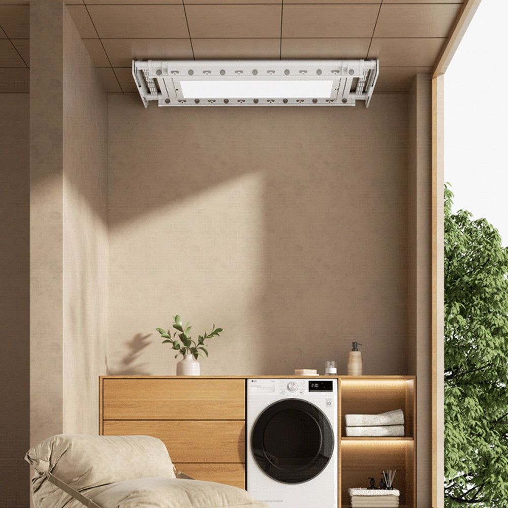 EaseRack V6 electric ceiling clothes airer installed below a finished indoor ceiling