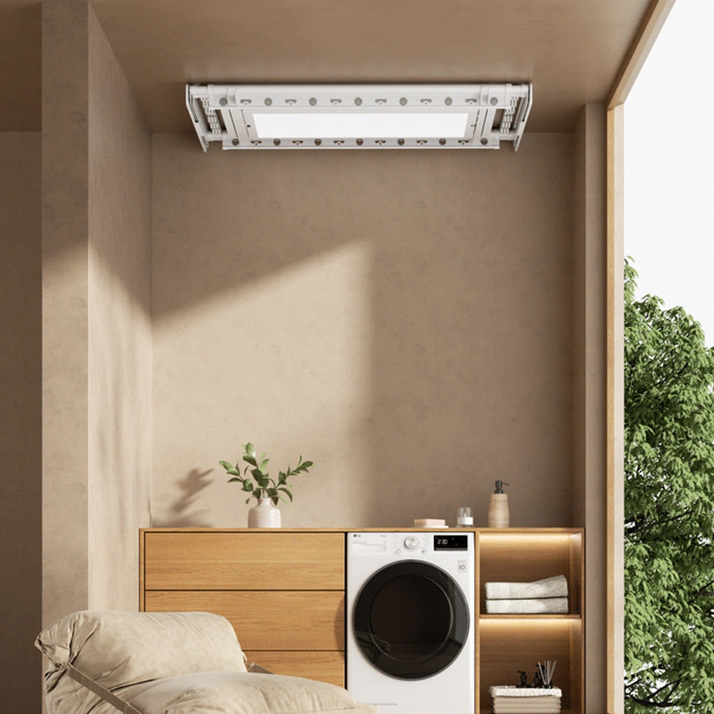 EaseRack V6 electric ceiling clothes airer installed above an indoor laundry area