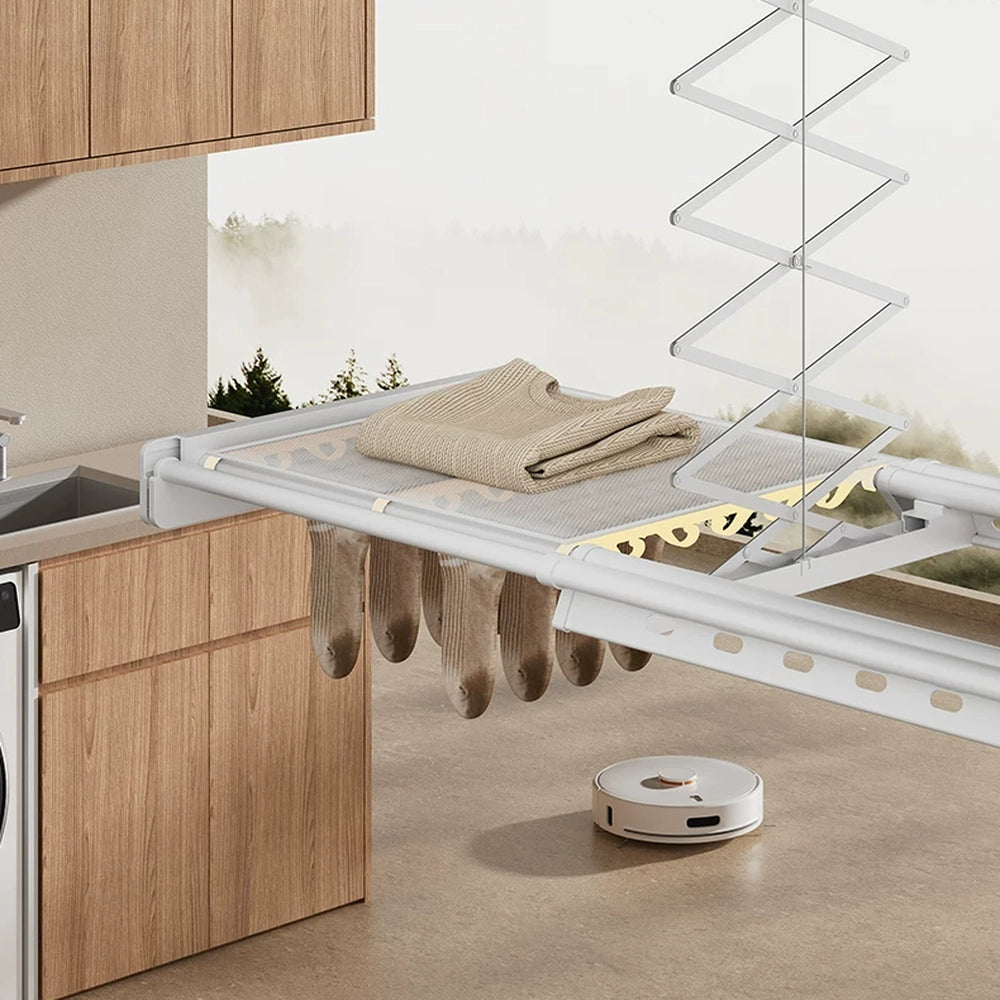 EaseRack V8 electric ceiling clothes airer with removable flat-drying mesh for garments that need to dry flat