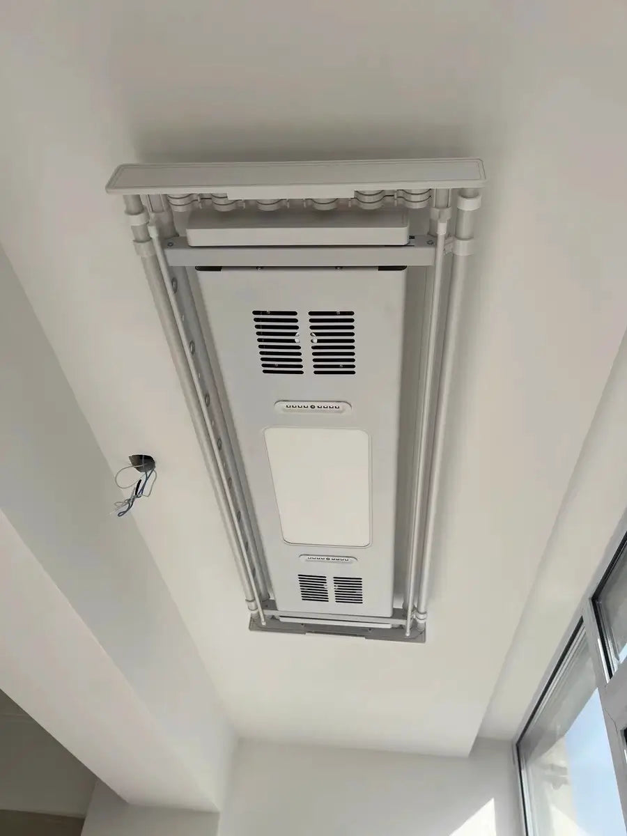 Easerack ceiling-mounted clothes drying rack with built-in ventilation and LED lighting panel.