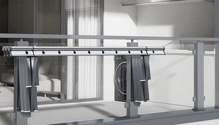 EaseRack Retractable clothes drying rack with adjustable length from 16.7-81cm, designed for modern balcony storage solutions.