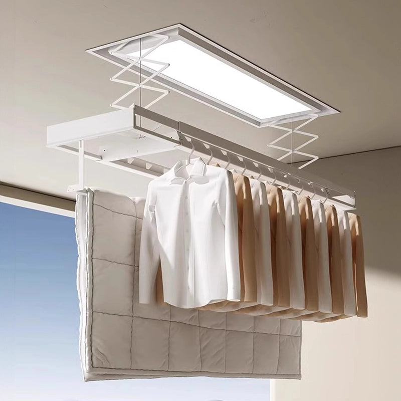 M20 Deckenwäscheständer mit teleskopischen Stangen und Bettdeckenhalter, Darstellung der vollständig ausgefahrenen Trockenfläche.