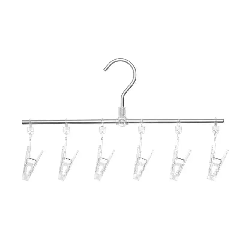 Hanging clip rack with six transparent clips for small laundry items