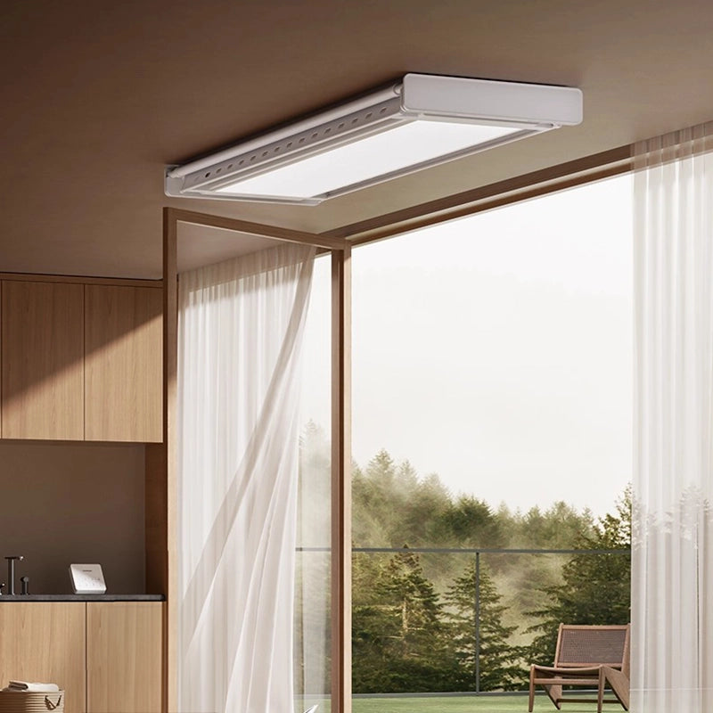 EaseRack V8 electric ceiling clothes airer in retracted position with integrated LED lighting in a modern home