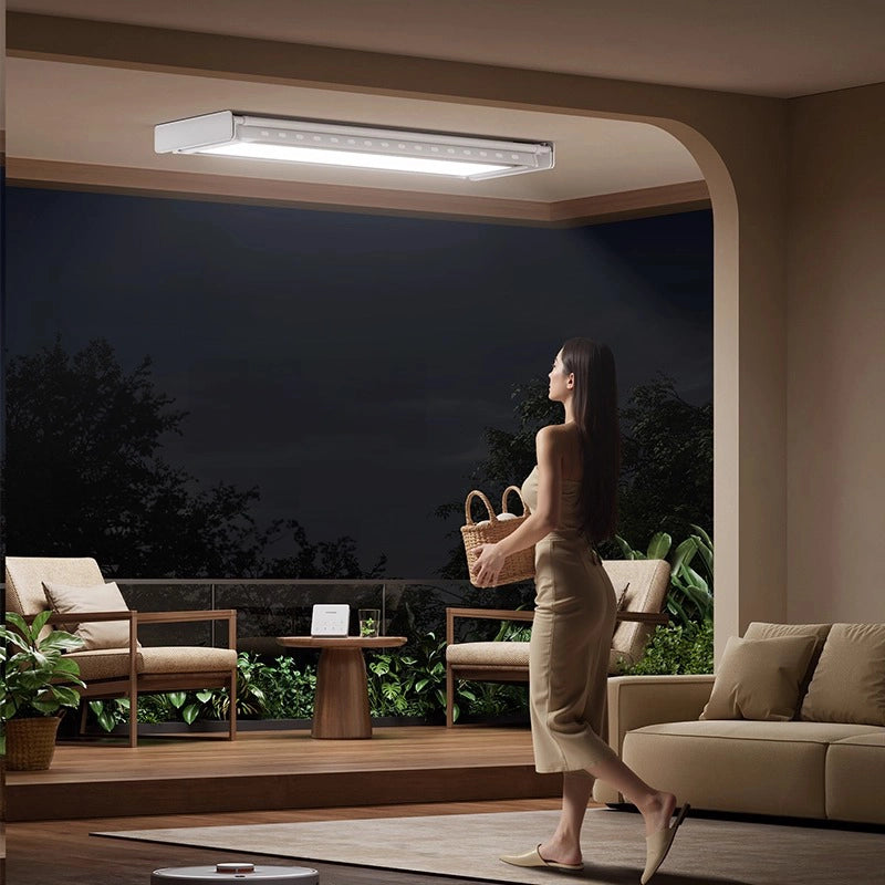 Easerack electric ceiling clothes drying rack with ECO full-spectrum LED lighting, Ra>95 color rendering, wide-angle illumination, and low blue light for a comfortable night balcony atmosphere.