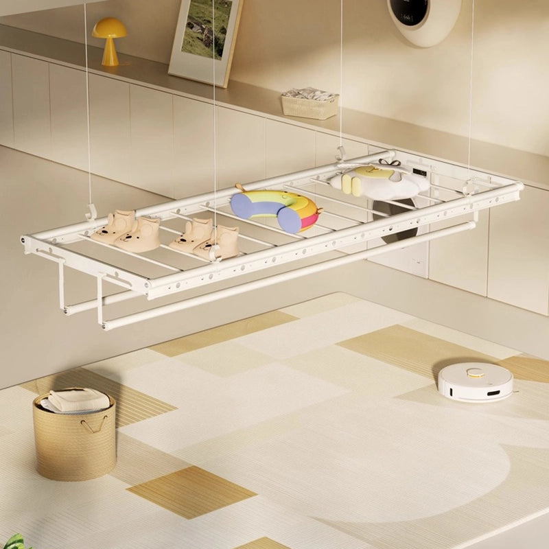 Ceiling-mounted baby clothes drying rack with rounded bars and baby items, designed for safe and gentle drying.