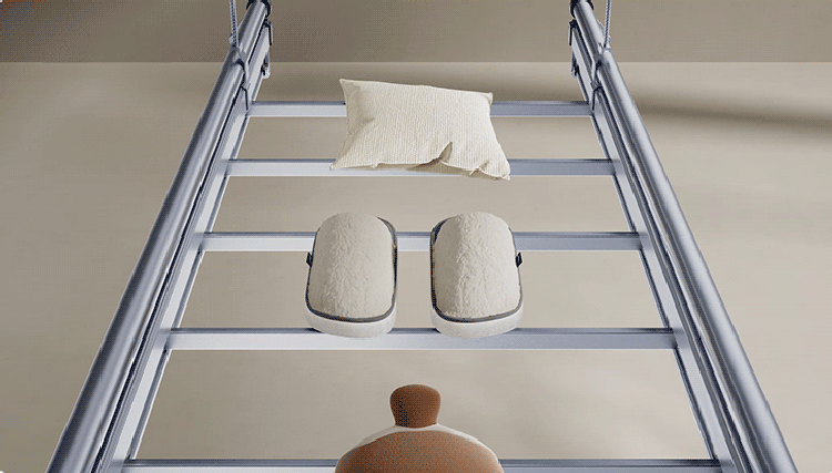 Multifunctional horizontal clothes rack effectively organizing pillows, shoes, and household items.