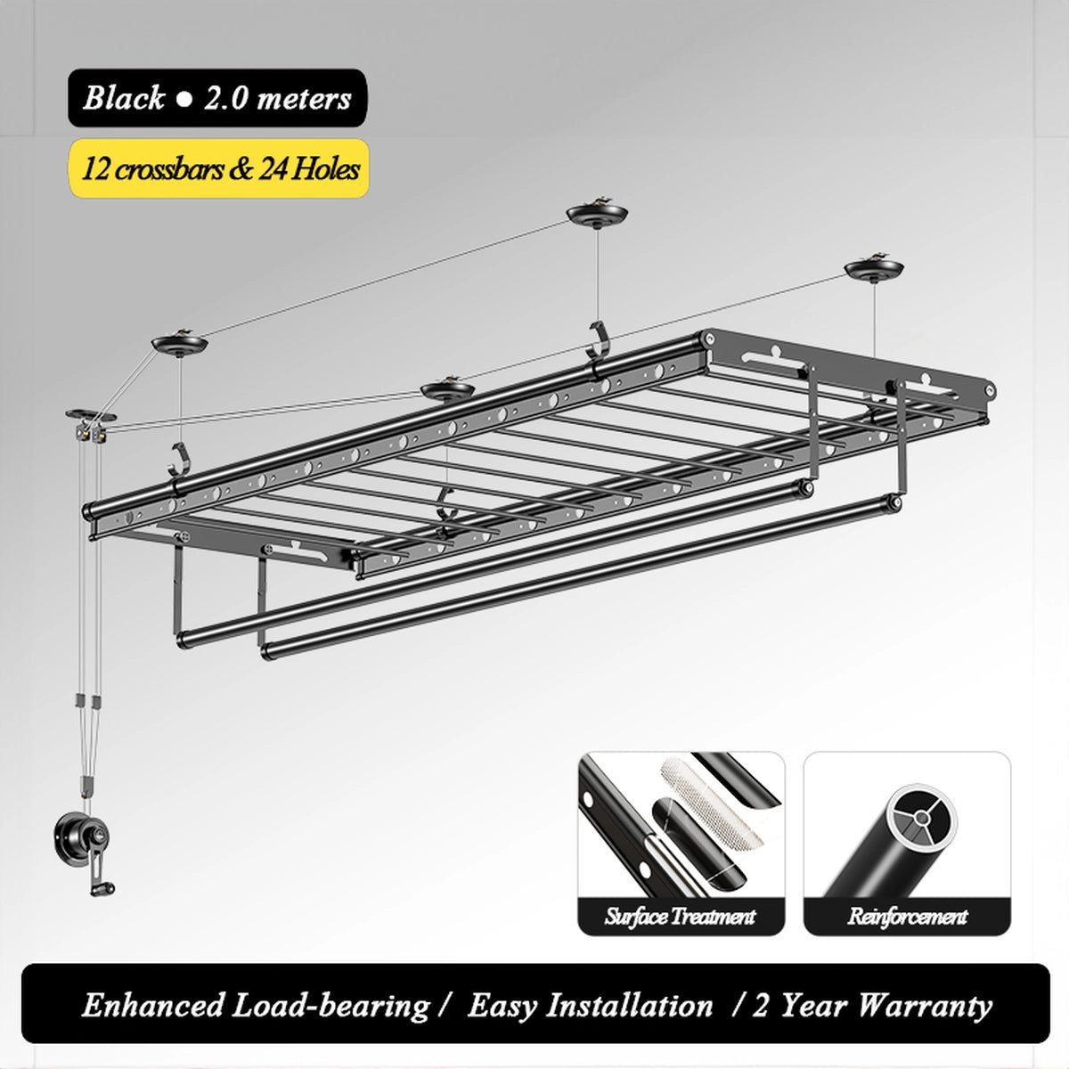 Diagram of EaseRack hand crank ceiling drying rack, 2.0 m, black, showing 12 crossbars and 24 hanging holes with surface treatment and reinforcement insets.